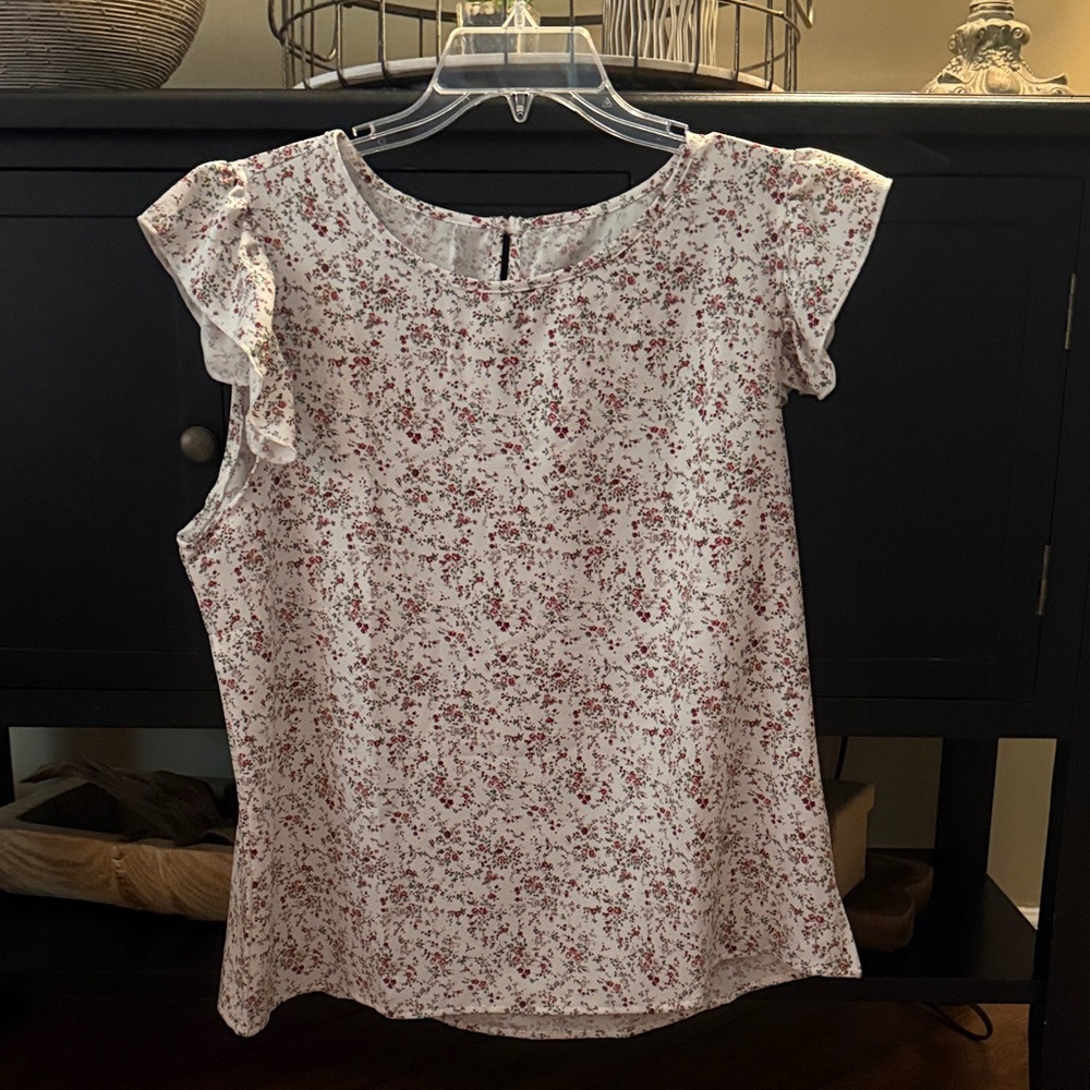 Ruffle Sleeve Floral Blouse - White with Red Floral